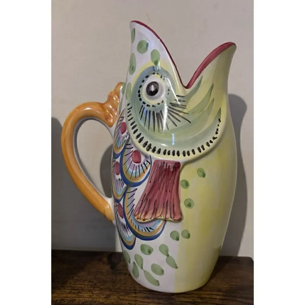 Vintage Solimene Vietri Italian Pottery Fish Pitcher/ Vase Hand Painted 10